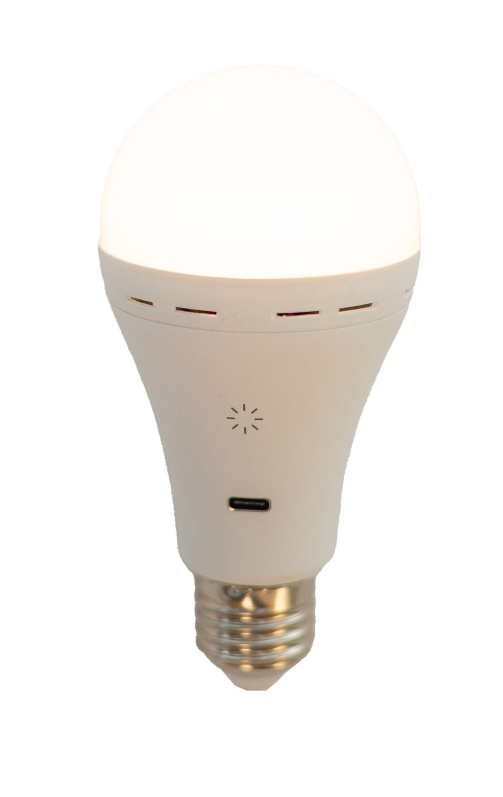 Akku-Leuchtmittel in Frontalansicht mit USB-Anschluss und E27-Sockel