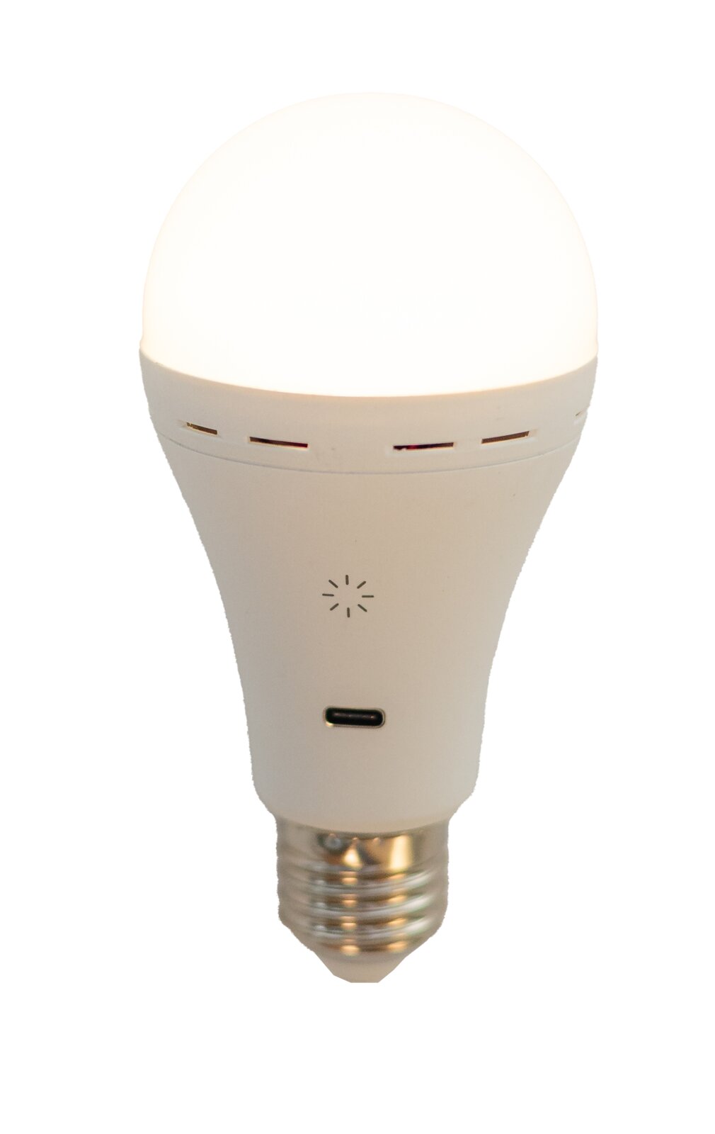 Akku-Leuchtmittel in Frontalansicht mit USB-Anschluss und E27-Sockel