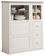 Weißes Highboard mit Holzoberfläche, offenen Regalfächern und Schubladen, frontal betrachtet.