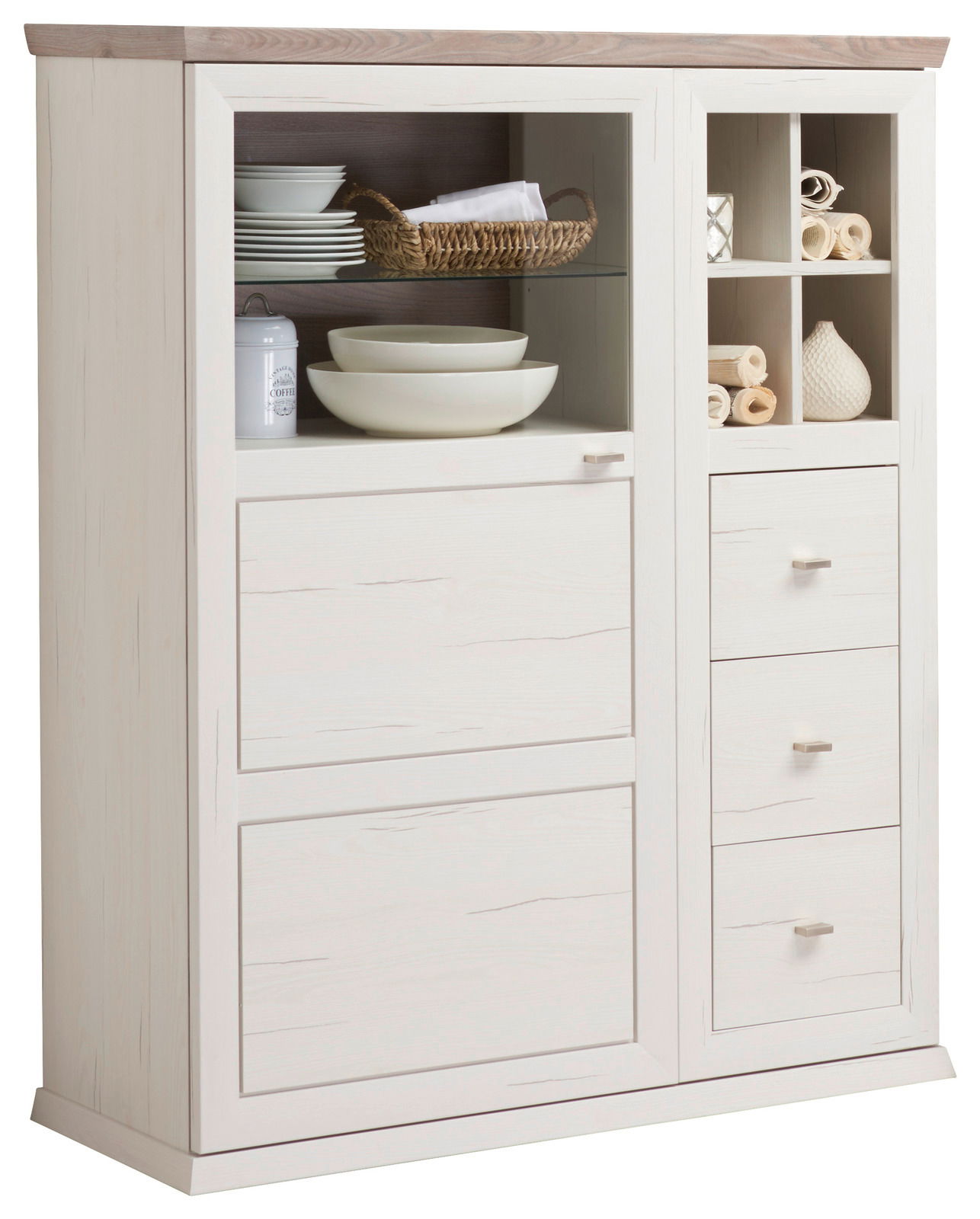 Weißes Highboard mit Holzoberfläche, offenen Regalfächern und Schubladen, frontal betrachtet.