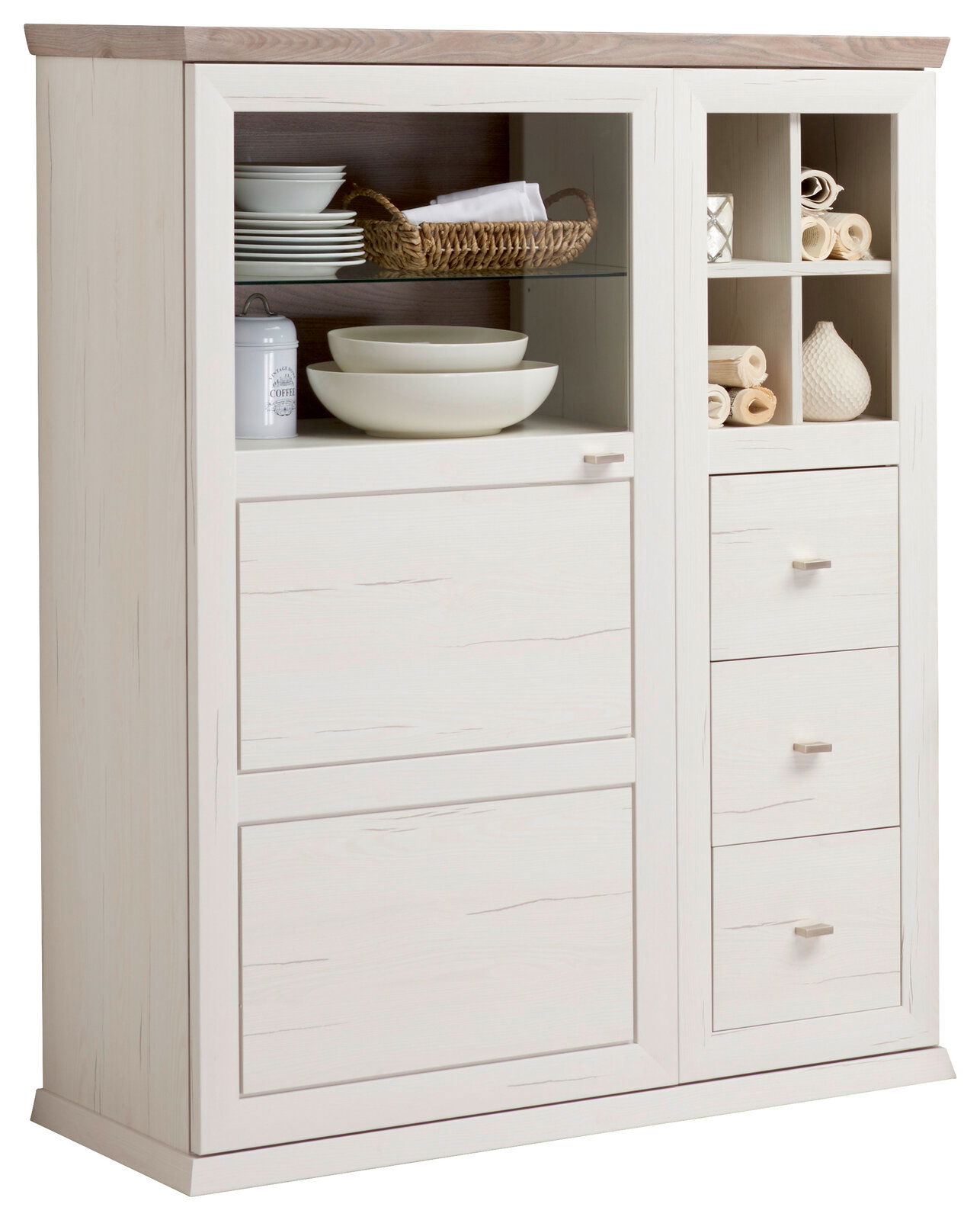 Hom´in Highboard CAMRON Weißes Highboard mit Holzoberfläche, offenen Regalfächern und Schubladen, frontal betrachtet.