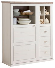 Weißes Highboard mit Holzoberfläche, offenen Regalfächern und Schubladen, frontal betrachtet.