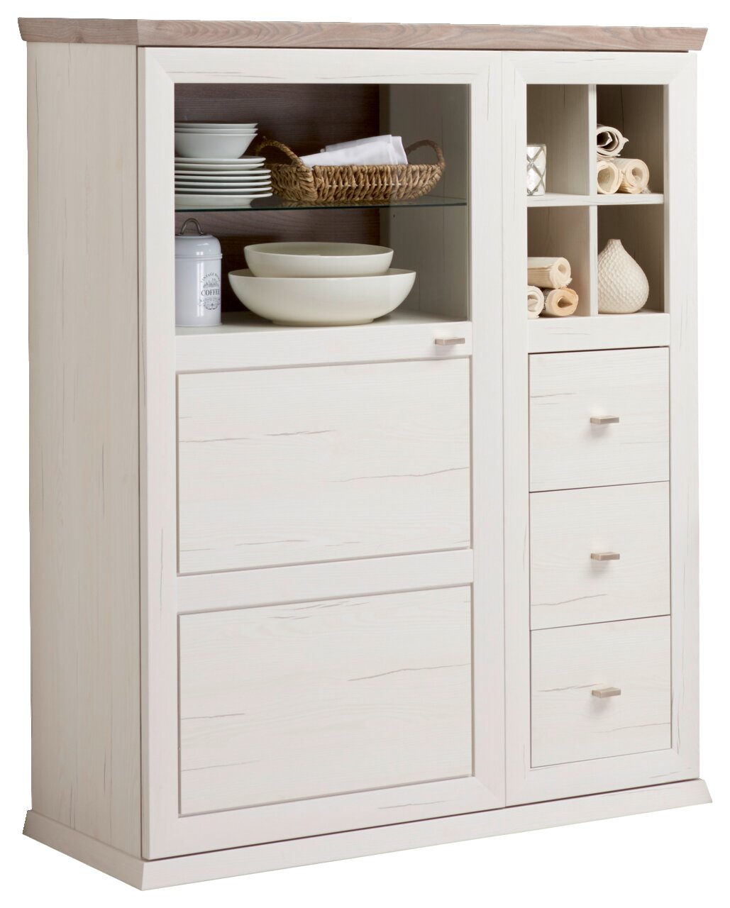 Weißes Highboard mit Holzoberfläche, offenen Regalfächern und Schubladen, frontal betrachtet.