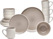 Kombiservice 16-teilig in neutralen Farben, bestehend aus Tellern, Schalen und Tassen, frontal abgebildet.