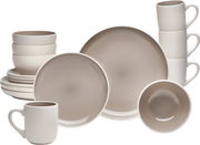 Kombiservice 16-teilig in neutralen Farben, bestehend aus Tellern, Schalen und Tassen, frontal abgebildet.