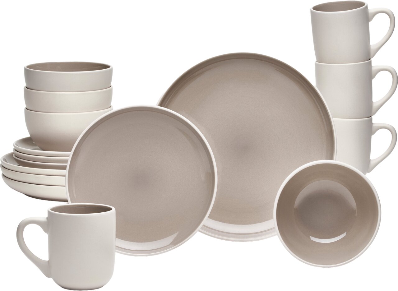 Kombiservice 16-teilig in neutralen Farben, bestehend aus Tellern, Schalen und Tassen, frontal abgebildet.