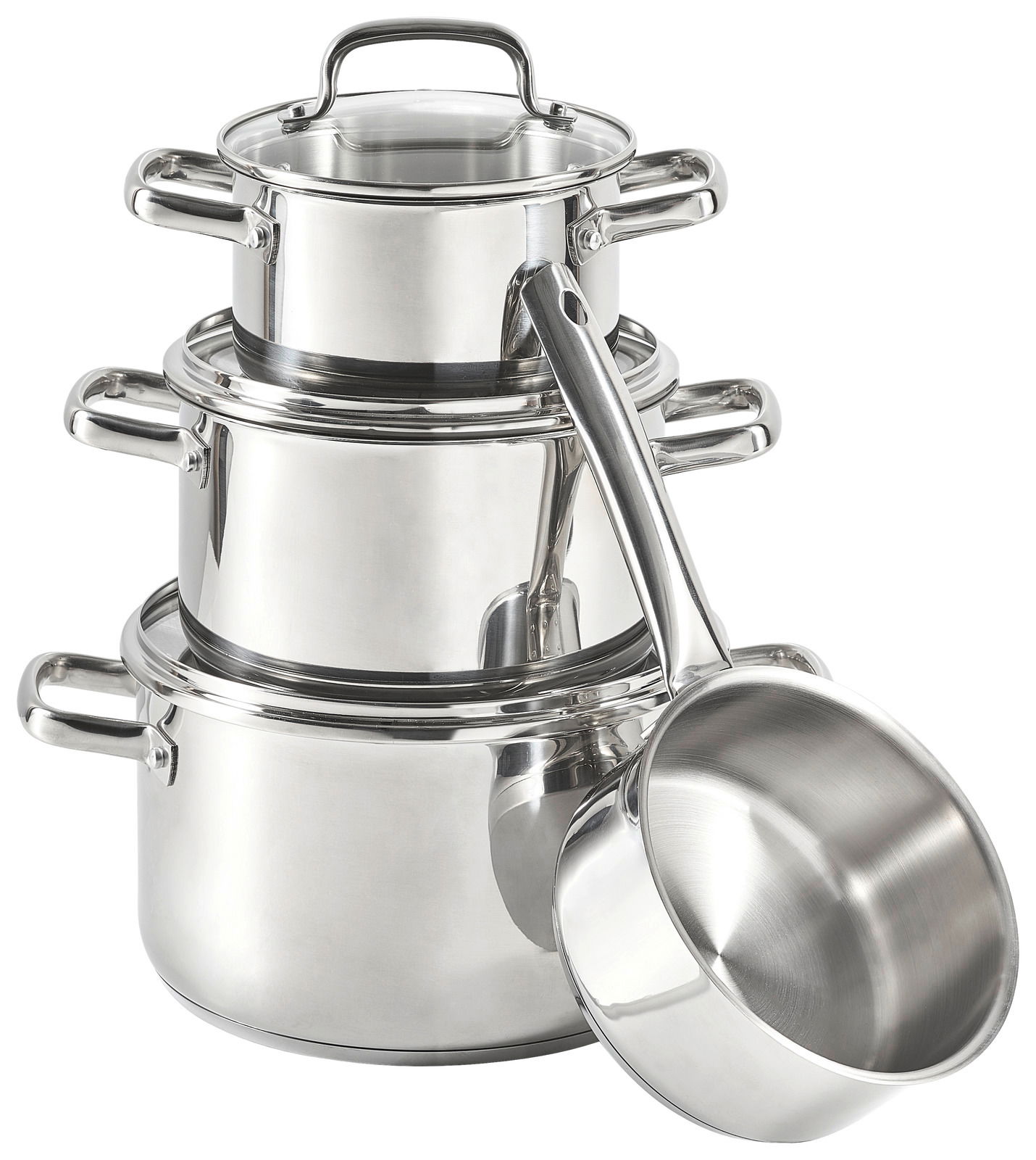 Stapel von vier glänzenden Edelstahltöpfen mit Griffen, seitliche Perspektive