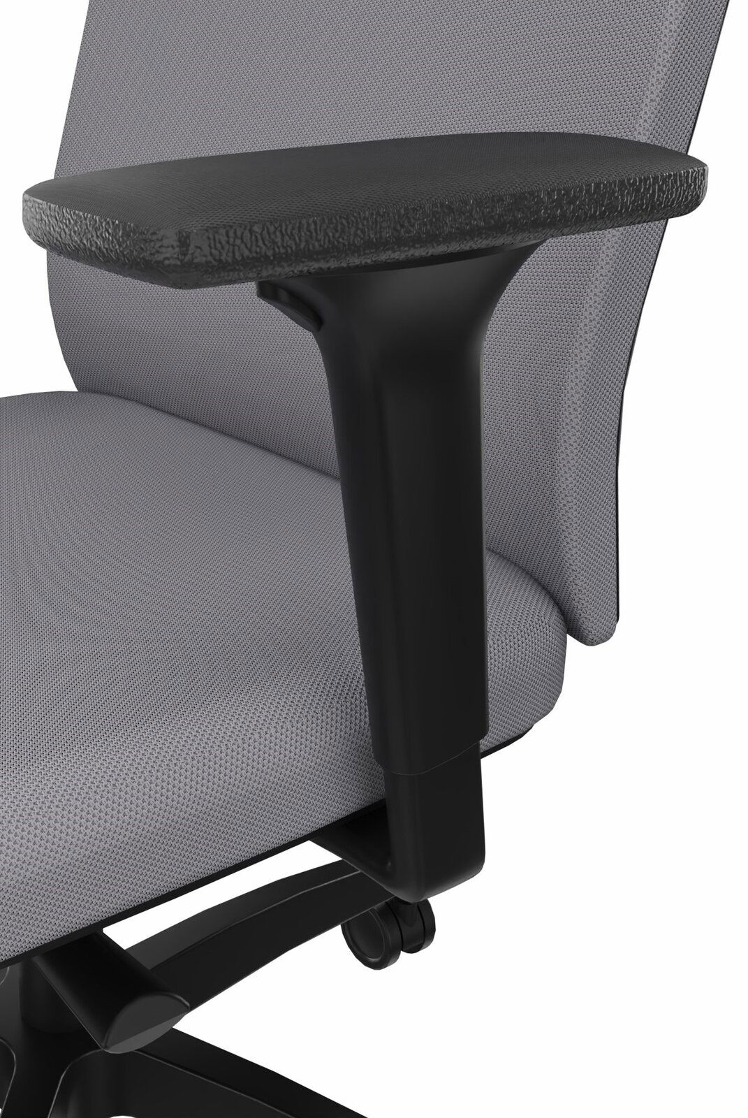 Dauphin Drehstuhl ADJUST Nahaufnahme eines grauen Drehstuhls mit schwarzer Armlehne, seitliche Perspektive