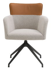 Moderner Sessel mit hellgrauem Stoffbezug und brauner Leder-Rückenlehne, auf schwarzem Metallgestell, Frontalansicht.