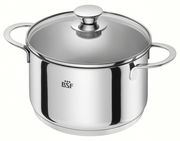 Edelstahlkochtopf mit Glasdeckel und zwei Griffen, seitliche Perspektive