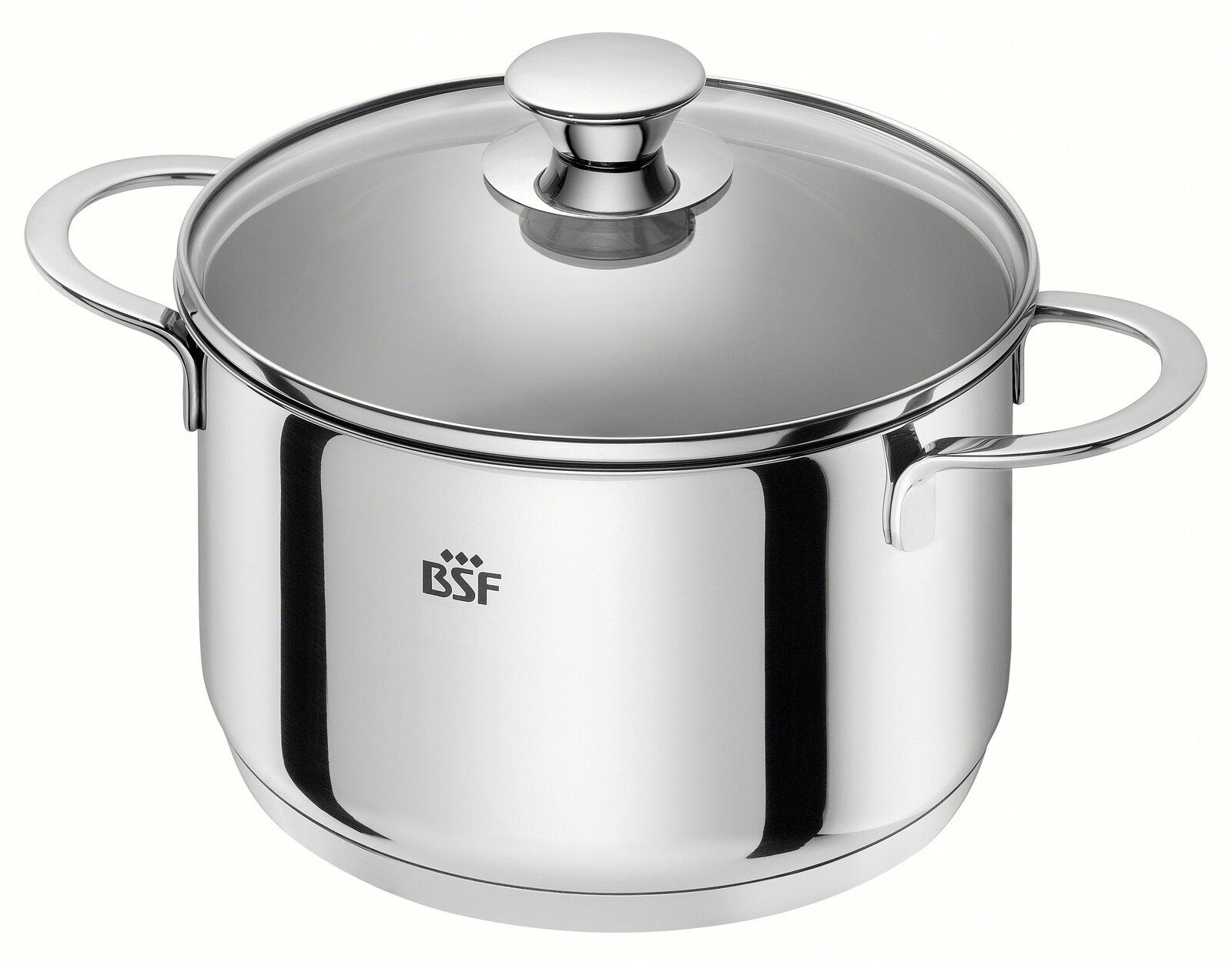 Edelstahlkochtopf mit Glasdeckel und zwei Griffen, seitliche Perspektive