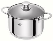 Edelstahlkochtopf mit Glasdeckel und zwei Griffen, seitliche Perspektive