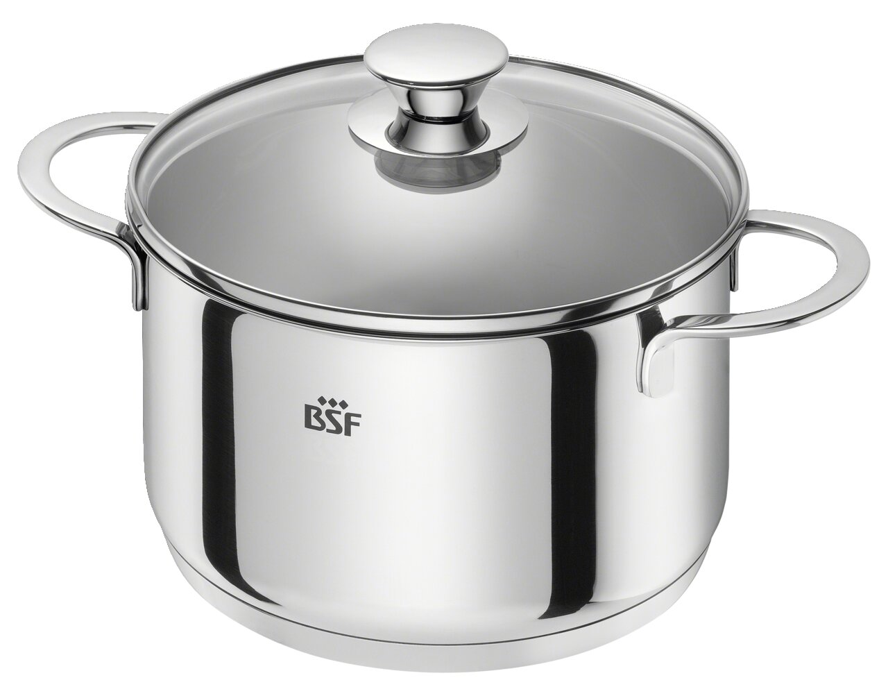 Edelstahlkochtopf mit Glasdeckel und zwei Griffen, seitliche Perspektive