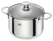 Edelstahlkochtopf mit Glasdeckel und zwei Griffen, seitliche Perspektive