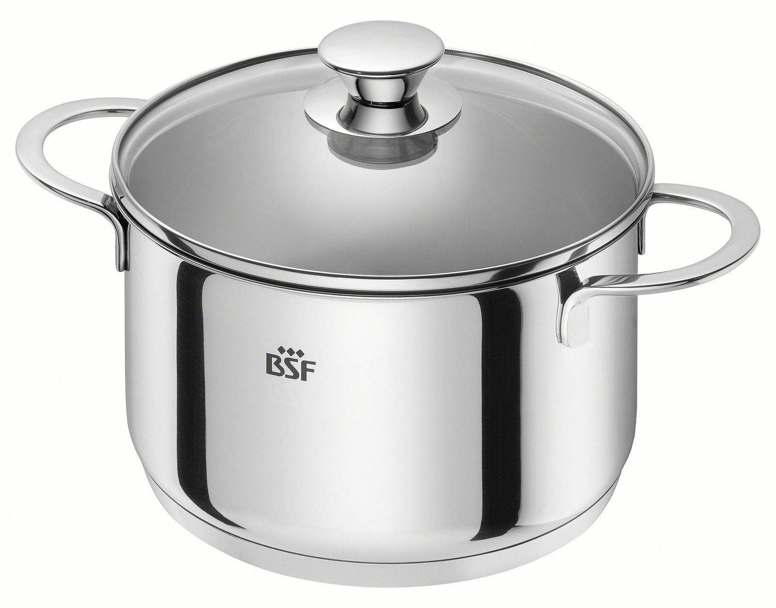 Edelstahlkochtopf mit Glasdeckel und zwei Griffen, seitliche Perspektive