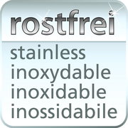 Nahaufnahme eines rostfreien Materials mit den Worten 'rostfrei', 'stainless', 'inoxydable', 'inoxidable', 'inossidabile' in verschiedenen Sprachen.