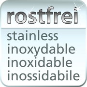 Nahaufnahme eines rostfreien Materials mit den Worten 'rostfrei', 'stainless', 'inoxydable', 'inoxidable', 'inossidabile' in verschiedenen Sprachen.