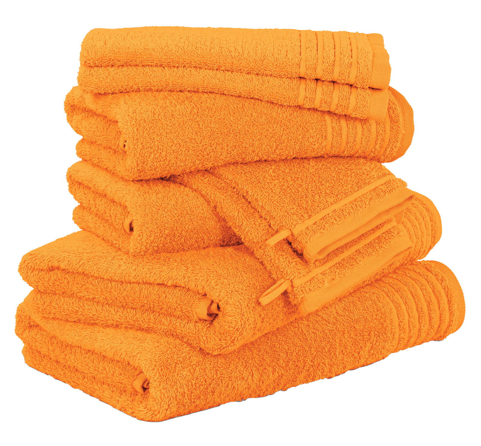 Ein Stapel von leuchtend orangefarbenen Handtüchern, seitliche Perspektive.