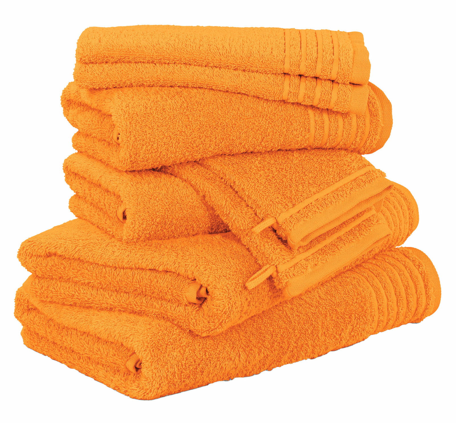 Ein Stapel von leuchtend orangefarbenen Handtüchern, seitliche Perspektive.