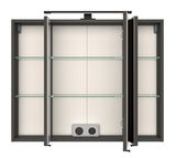 Geöffneter Spiegelschrank mit drei Türen und Glasregalen, Frontansicht