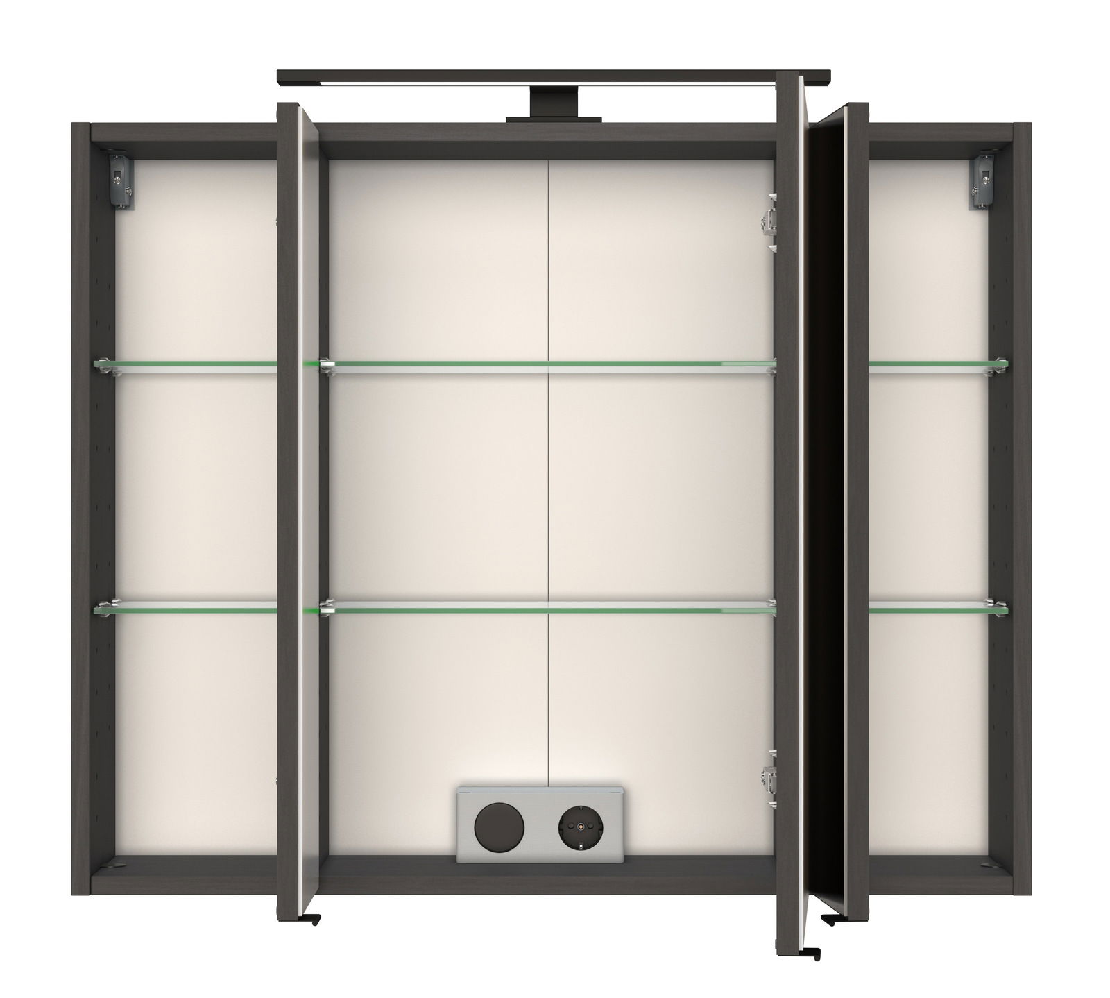 Geöffneter Spiegelschrank mit drei Türen und Glasregalen, Frontansicht