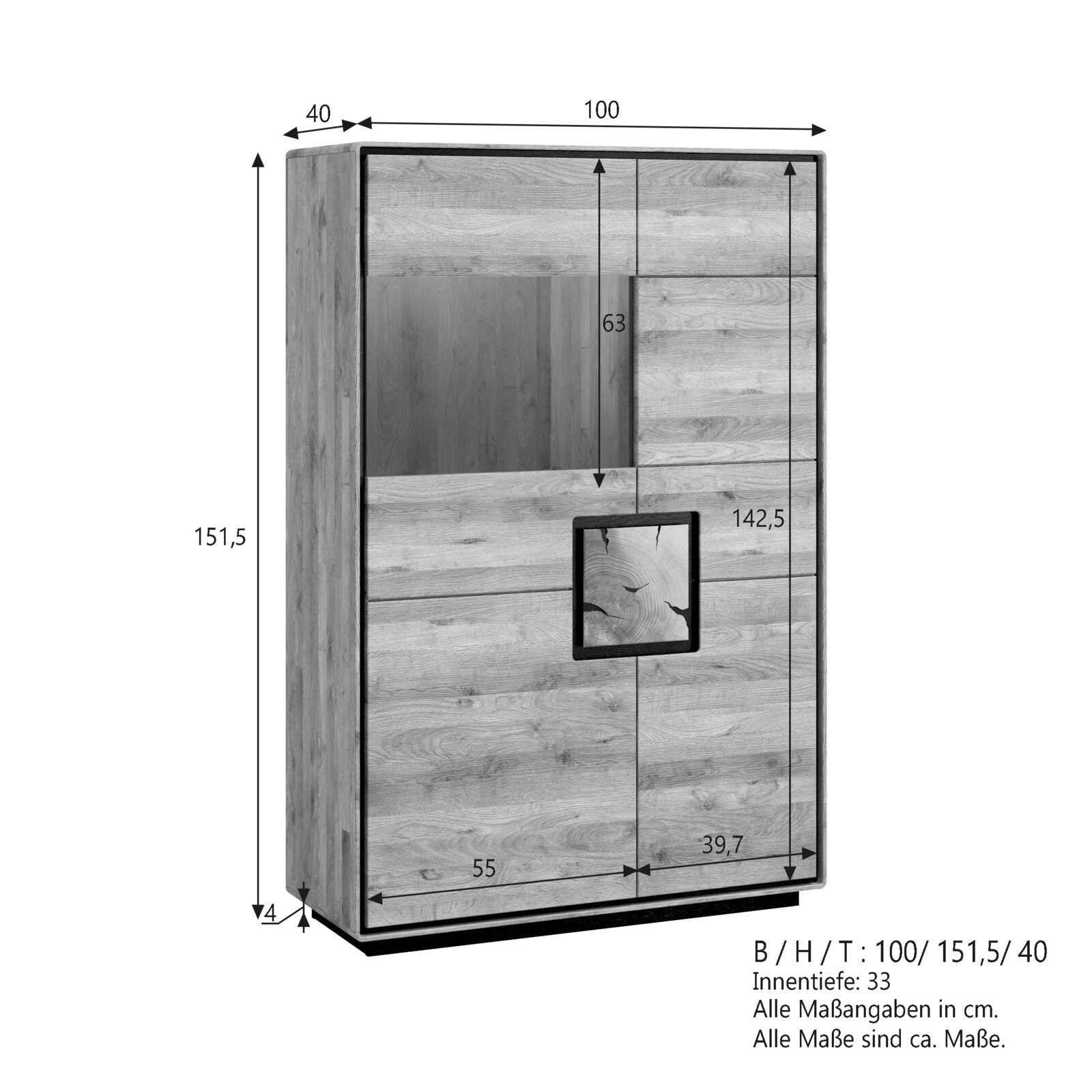 Massiver Holzschrank in Eichenoptik mit Türen und offenem Fach, B/H/T ca. 100/151,5/40 cm, dargestellt in schräger Frontansicht von links mit eingezeichneten Maßangaben.