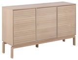 Modernes Sideboard aus hellem Holz mit drei Türen, seitliche Perspektive