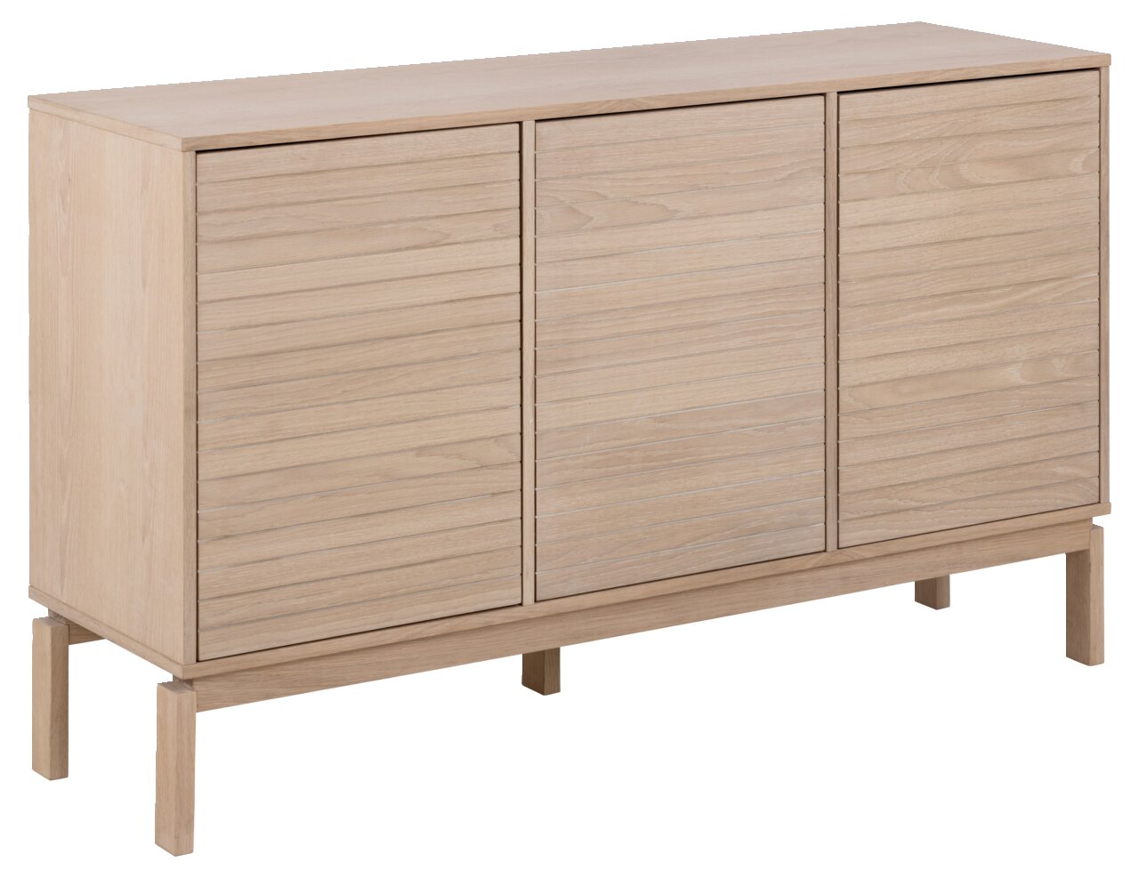 Modern drukastje van licht hout met drie deuren, zijaanzicht