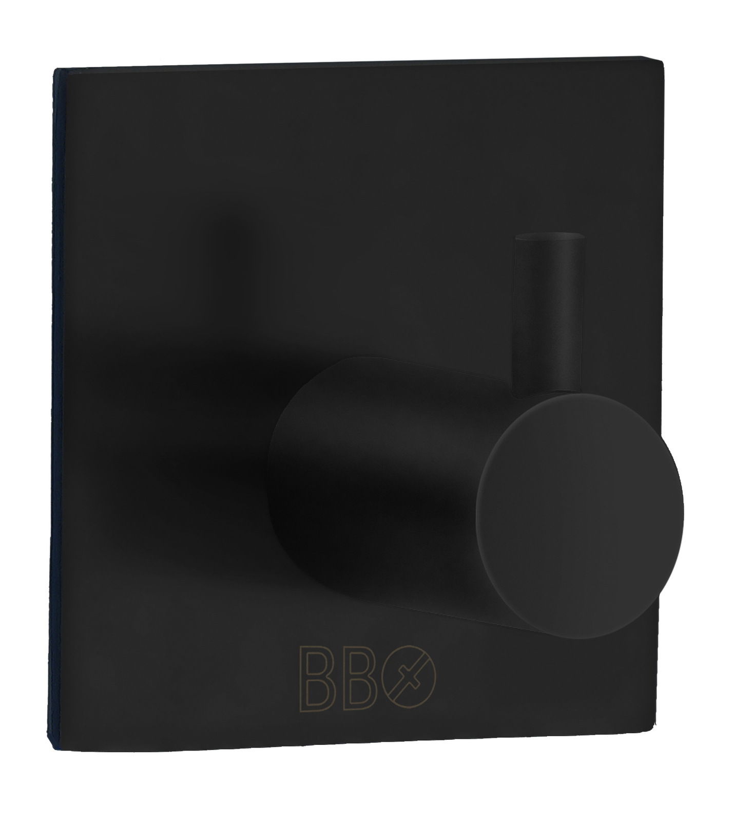 Schwarzer Edelstahlhaken mit quadratischer Basis, seitliche Perspektive