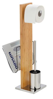 WC-Garnitur mit integriertem Zeitungshalter aus Holz und Metall, seitliche Perspektive