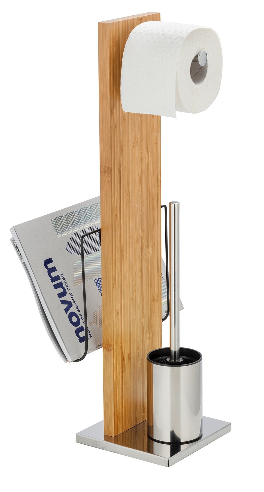 WC-Garnitur mit integriertem Zeitungshalter aus Holz und Metall, seitliche Perspektive