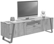 TV-Lowboard aus Holz mit Metallbeinen, Frontansicht, dekoriert mit TV, Büchern und Pflanzen, Maße: 172,8 cm Breite, 47 cm Tiefe, 52 cm Höhe