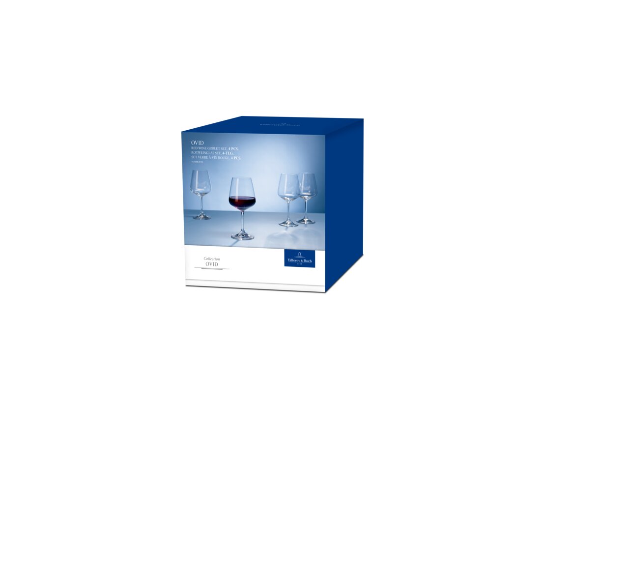 Verpackung des Rotweinglas 4er-Sets Ovid von Villeroy & Boch, frontal abgebildet.