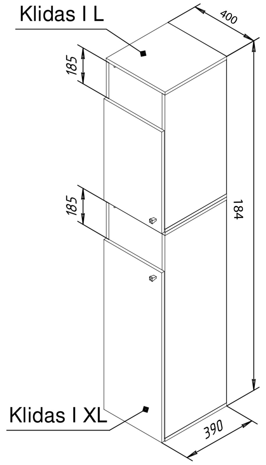Technische isometrische Zeichnung eines hohen, schmalen Schranks „Klidas I L/XL“ mit zwei Türen und Maßangaben (Höhe ca. 184 cm, Breite ca. 39 cm, Tiefe ca. 40 cm), Perspektive: schräg von vorne oben