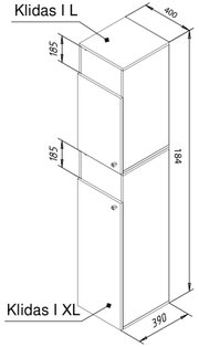 Technische isometrische Zeichnung eines hohen, schmalen Schranks „Klidas I L/XL“ mit zwei Türen und Maßangaben (Höhe ca. 184 cm, Breite ca. 39 cm, Tiefe ca. 40 cm), Perspektive: schräg von vorne oben