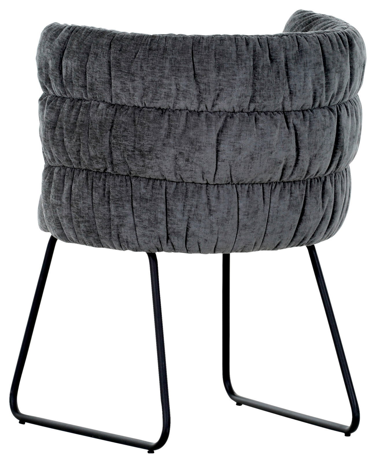 Z2 Armlehnstuhl MILA Rückansicht eines grauen Armlehnstuhls mit gepolstertem Stoffbezug und schwarzen Metallbeinen.