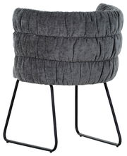 Rückansicht eines grauen Armlehnstuhls mit gepolstertem Stoffbezug und schwarzen Metallbeinen.