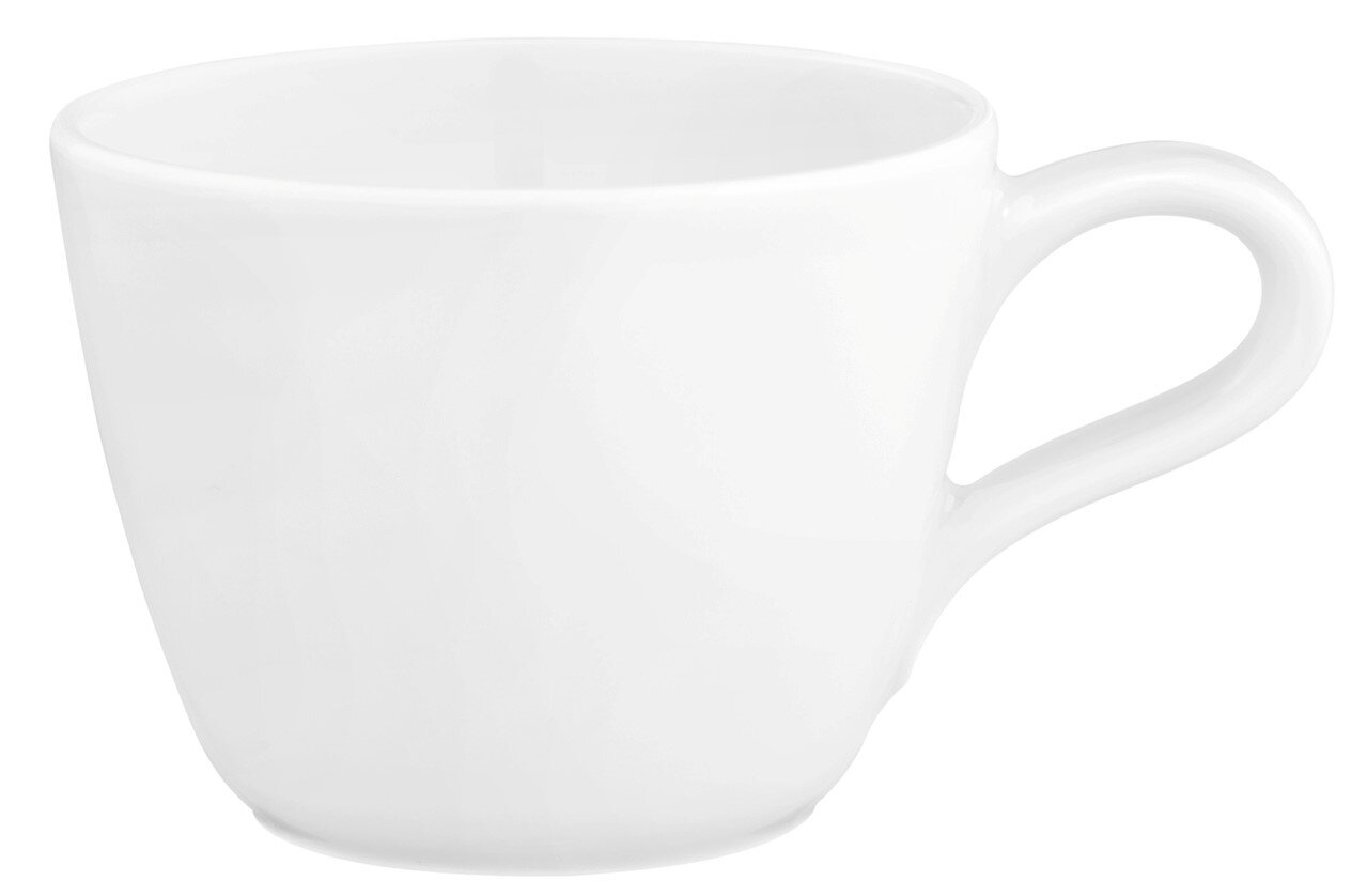 Weiße Espressotasse mit Henkel, seitliche Perspektive