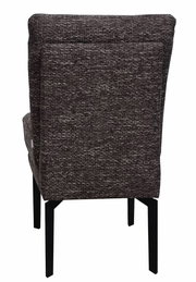 Rückansicht eines modernen Stuhls mit dunkelgrauem Stoffbezug und schwarzen Metallbeinen.