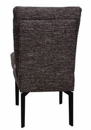 Rückansicht eines modernen Stuhls mit dunkelgrauem Stoffbezug und schwarzen Metallbeinen.