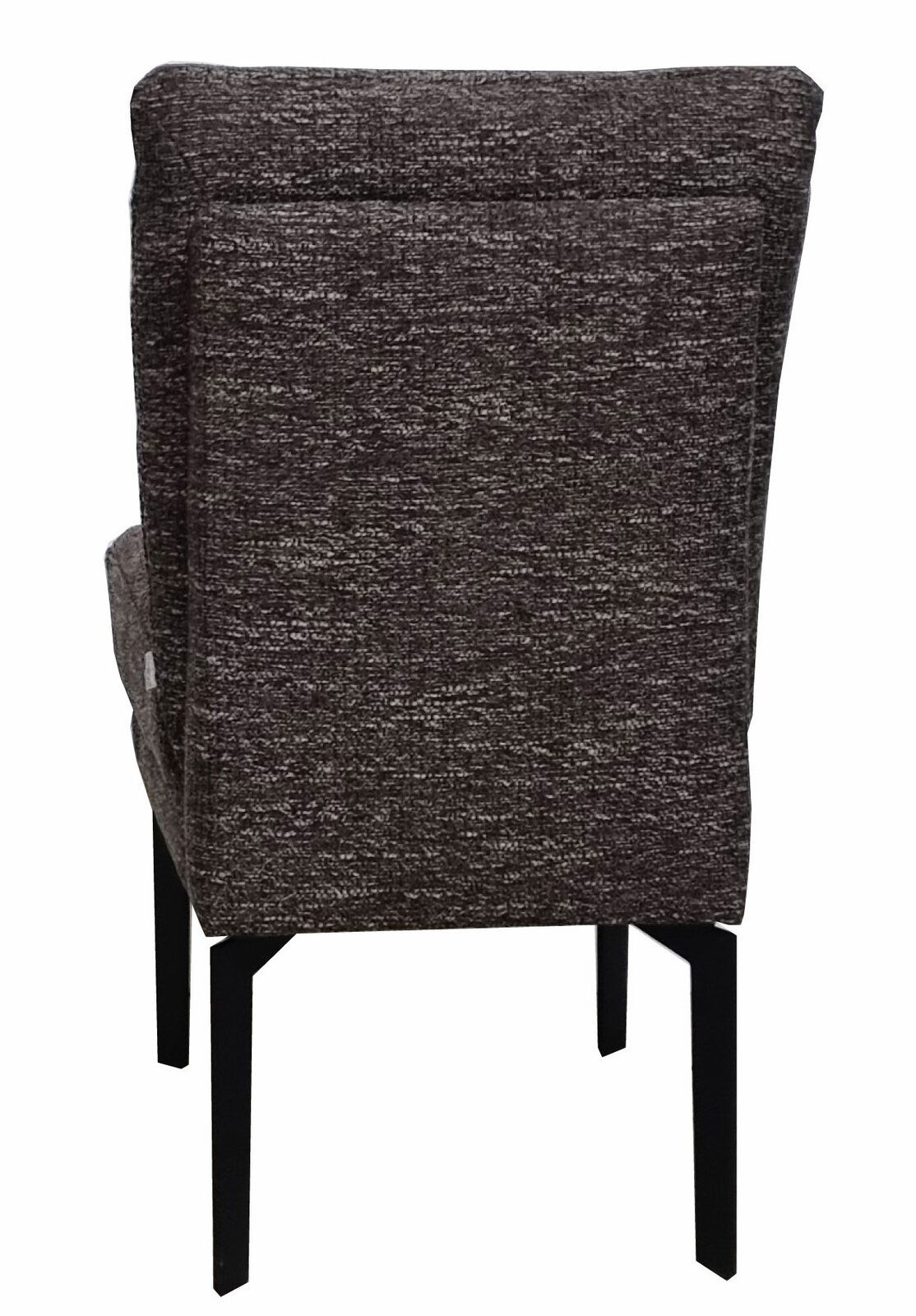 Rückansicht eines modernen Stuhls mit dunkelgrauem Stoffbezug und schwarzen Metallbeinen.