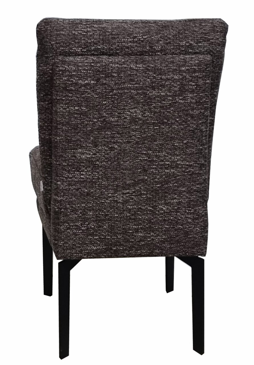 Achterkant van een moderne stoel met een donkergrijze stoffen bekleding en zwarte metalen poten.
