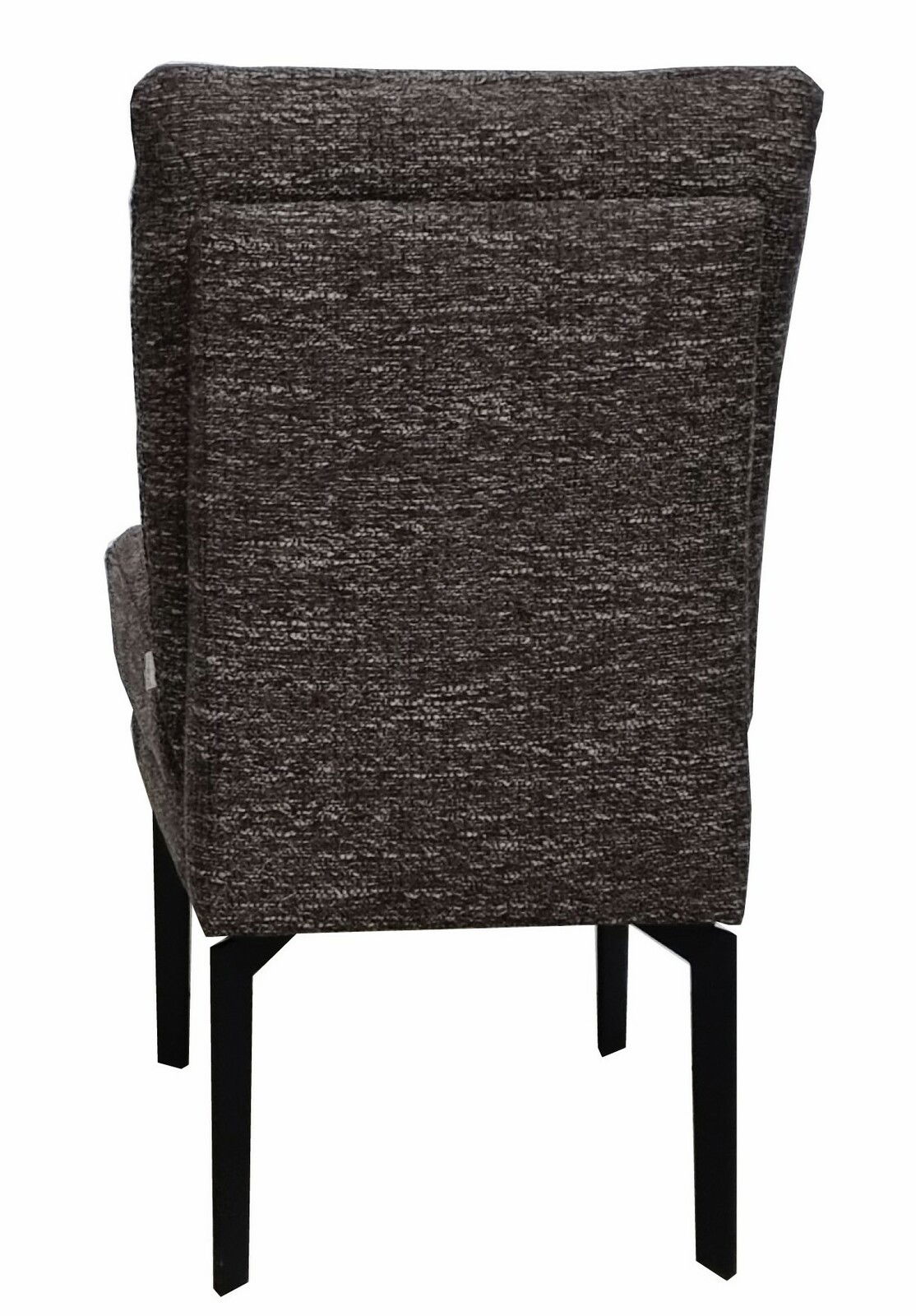 Rückansicht eines modernen Stuhls mit dunkelgrauem Stoffbezug und schwarzen Metallbeinen.