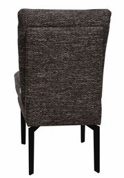 Rückansicht eines modernen Stuhls mit dunkelgrauem Stoffbezug und schwarzen Metallbeinen.