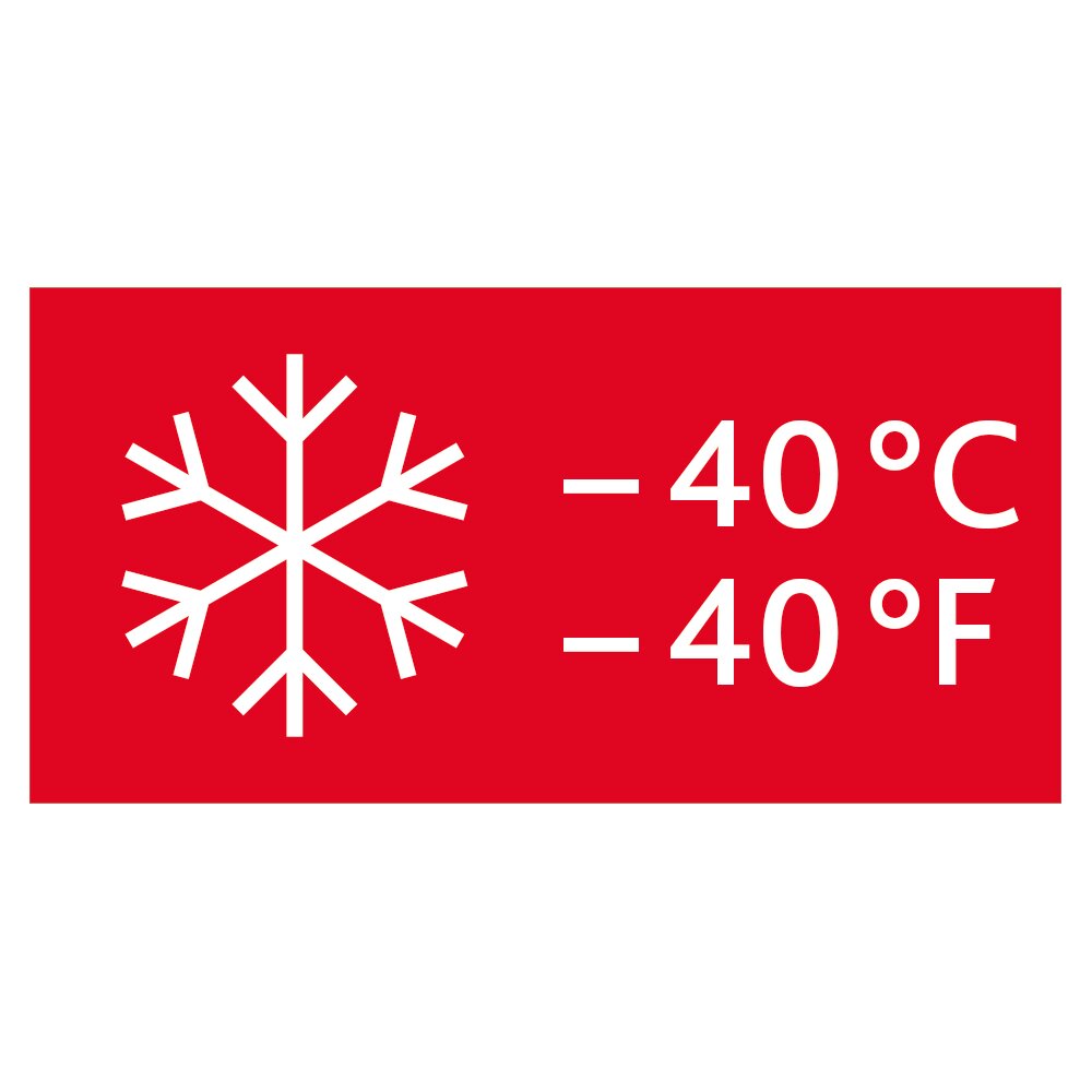 Rood symbool met sneeuwvlok en temperatuurindicatie -40 °C/-40 °F, vooraanzicht