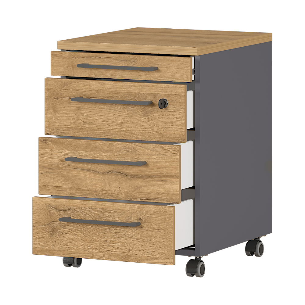 Rollcontainer mit vier Schubladen, Holzoptik und grauen Seiten, auf Rollen, seitliche Perspektive