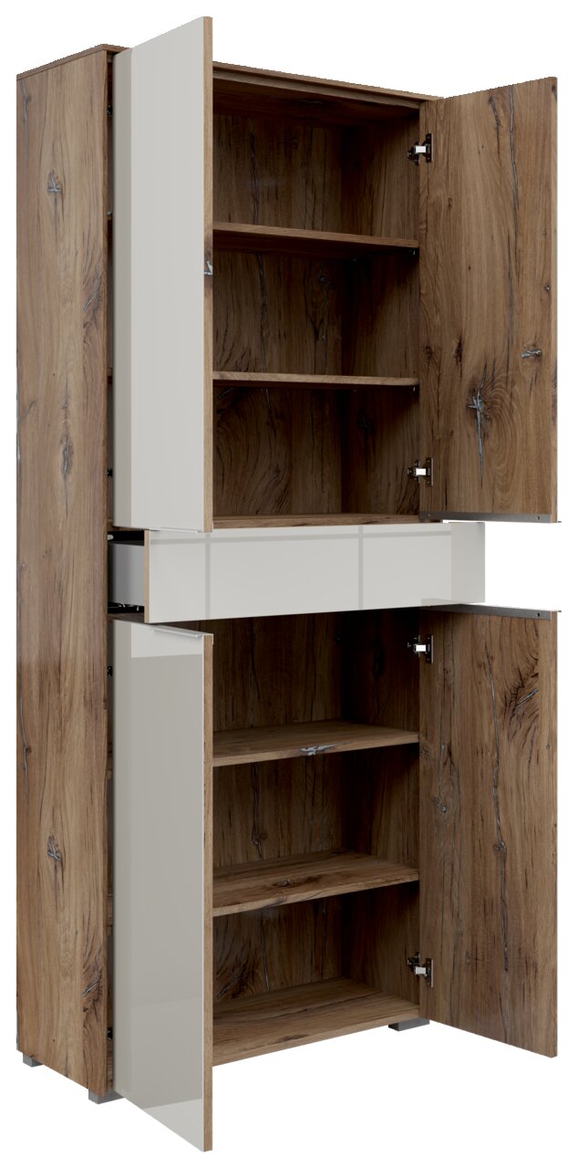 Aktenschrank mit vier Türen und einer Schublade, aus Holz mit natürlicher Maserung, teilweise geöffnet, seitliche Perspektive