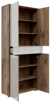 Aktenschrank mit vier Türen und einer Schublade, aus Holz mit natürlicher Maserung, teilweise geöffnet, seitliche Perspektive