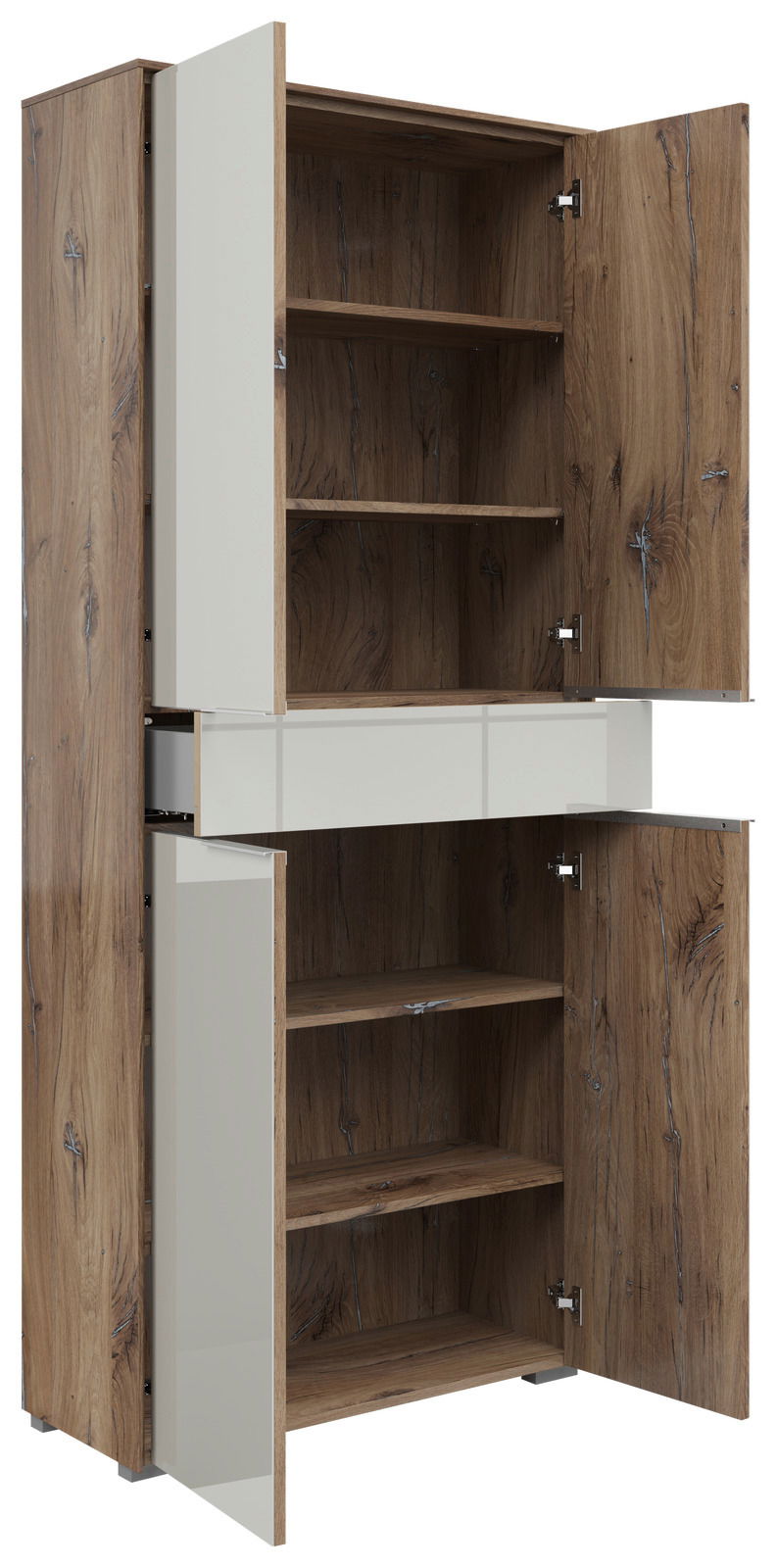 Aktenschrank mit vier Türen und einer Schublade, aus Holz mit natürlicher Maserung, teilweise geöffnet, seitliche Perspektive