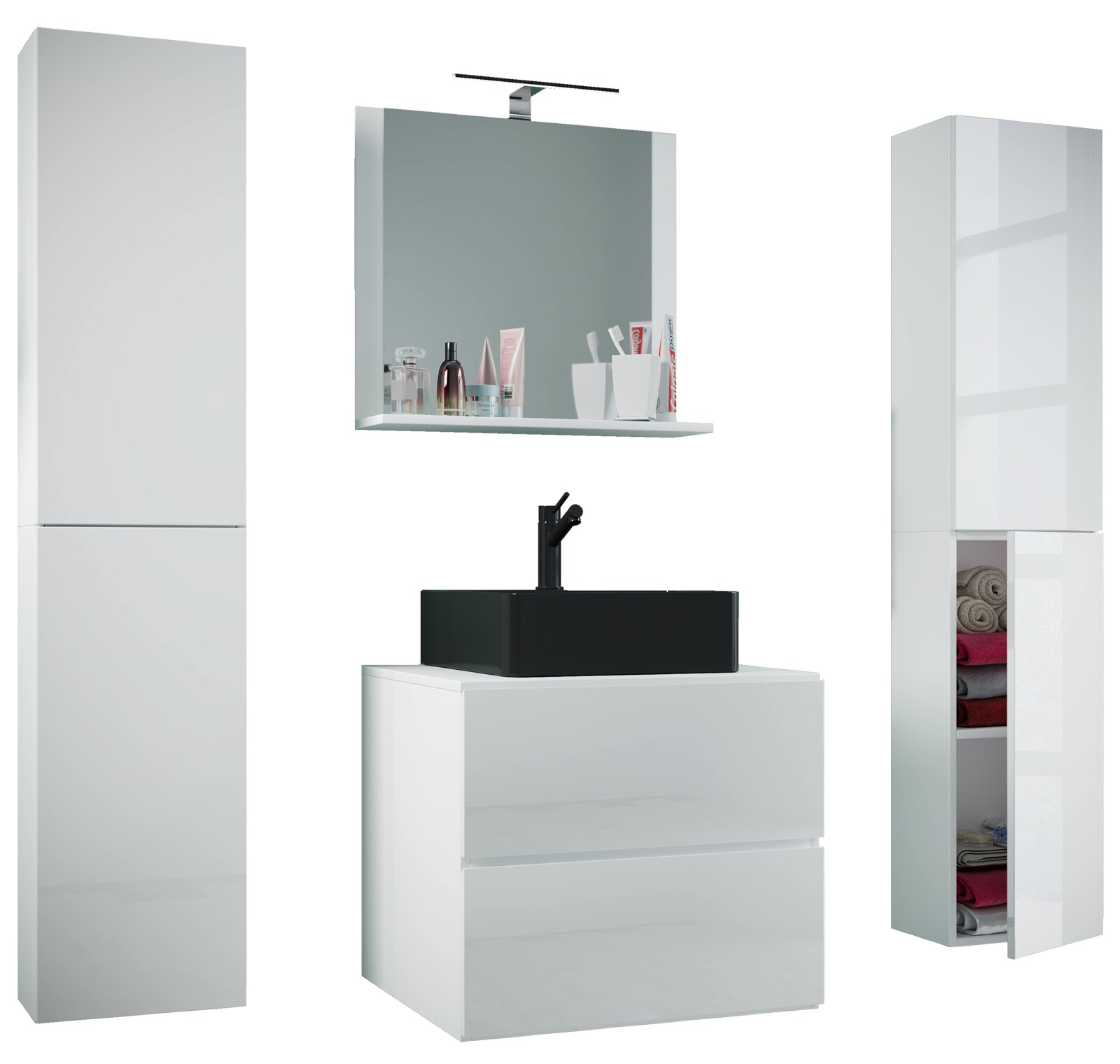 Modernes Badmöbel-Set in Weiß Hochglanz mit Waschtischunterschrank, schwarzem Aufsatzwaschbecken, Spiegel mit LED-Aufsatzleuchte sowie Hochschrank und Seitenschrank, frontale Perspektive
